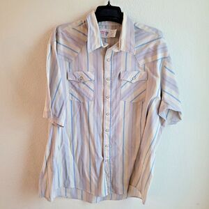 Vintage Saddle King Western Shirt Mens 3XL Tall 19.5 SS  Blue Pearl Snap Striped